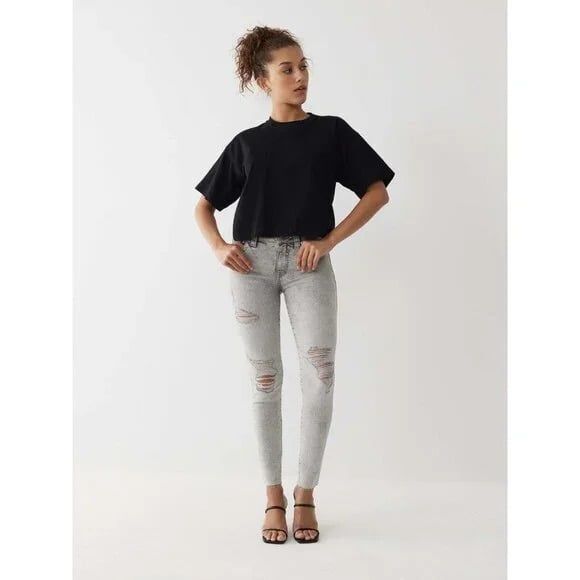 31 True Religion Jennie Curvy Mid-Rise Super Skinny Distressed Raw Edge Hem Grey - Picture 3 of 12